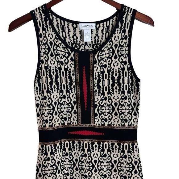 Carmen Marc Valvo Knit Bodycon Dress Size Small Sleeveless Black Cream Red - Picture 2 of 8